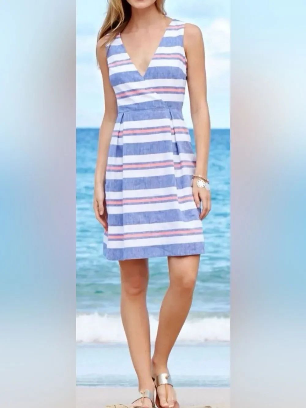 Vineyard Vines Sleeveless Linen Blend Pleated Summer Dress Size 2